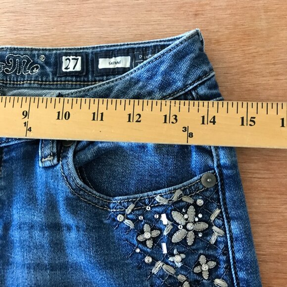 Miss Me Skinny Jeans Women 27 Blue Mid Rise Floral Rhinestone Medium Wash 16323 - Picture 11 of 15